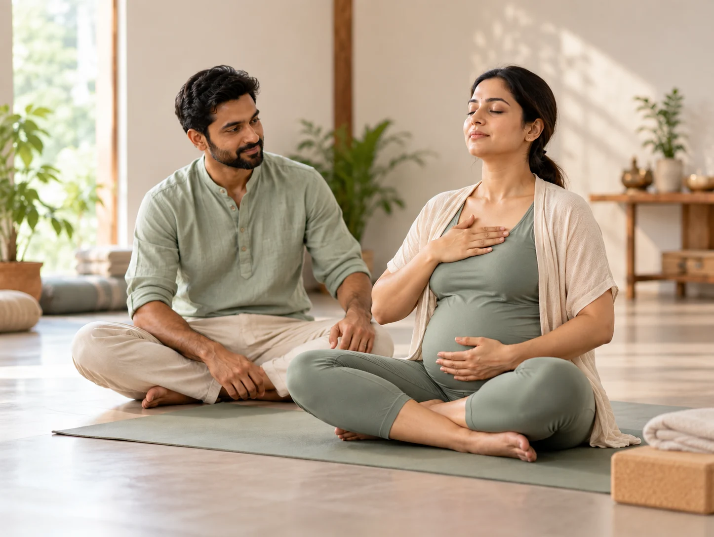 Student with one hand on the chest and one on the belly, noticing the natural breath
